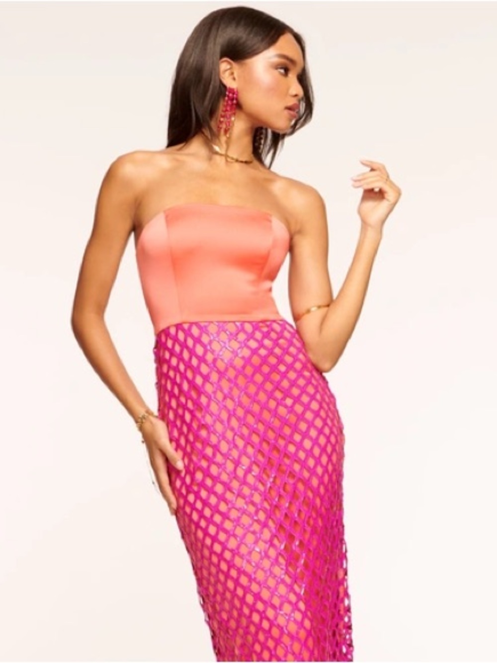 Ramy Brook Giselle Sequin Midi Dress in Guava Lattice Strapless Sequin Size 2